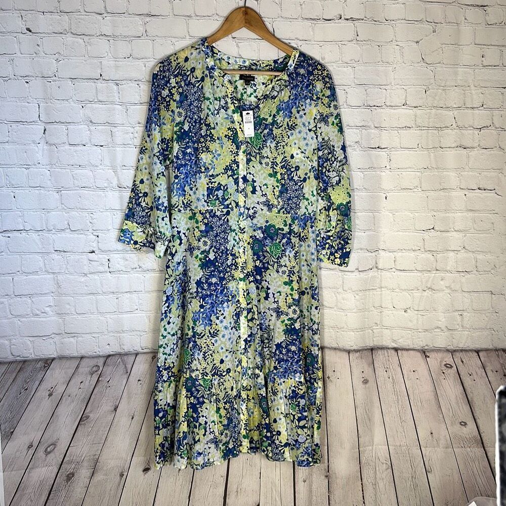 Talbots Petites 4 Cotton Floral Dress Lined 3/4‎ Sleeves Yellow Blue Green